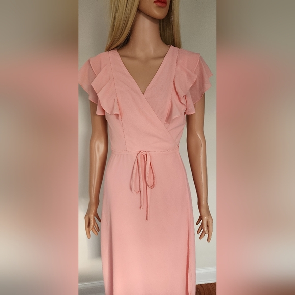 NEW LOOK SOFT PINK RUFFLES CRISS CROSS OPEN BACK WRAP STYLE MIDI DRESS US.6 NWOT - Picture 3 of 13